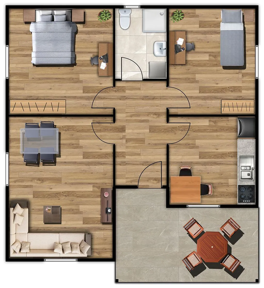 Gelibolu 2+1 kat planı: iki yatak odası, salon, ayrı mutfak, hol, banyo ve teras